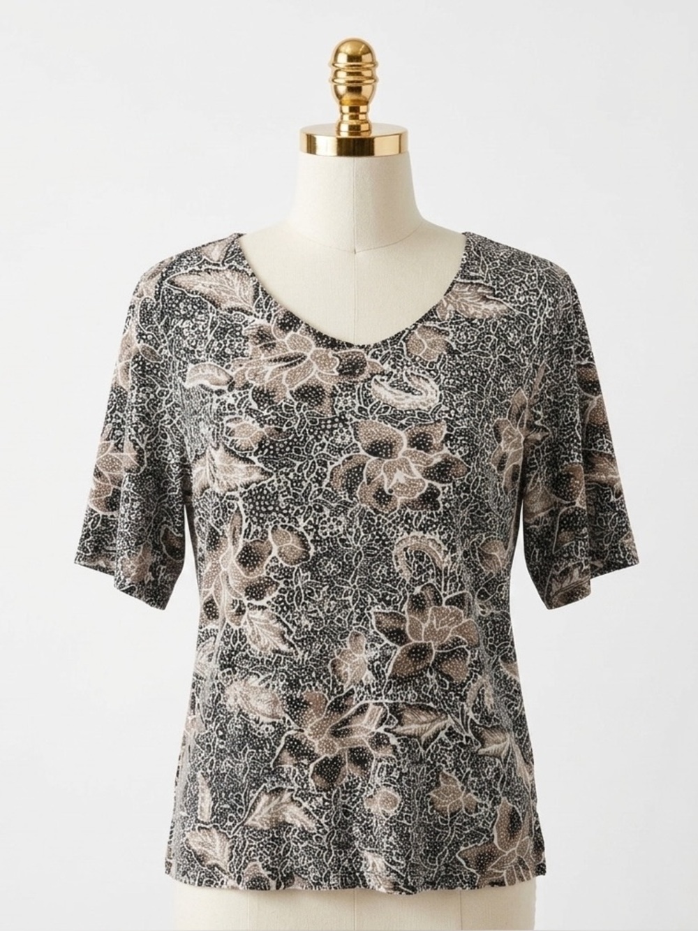 J Jill Batik Floral Short Sleeve V Neck Knit Blouse Top Black Brown Earthy XL